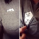 H149 Funny Middle Finger White Cat in Pocket T-shirts Harajuku Short Sleeve T Shirt Women Plus Size 