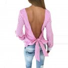 Novelty Striped Blouses Women Sexy Bowknot Backless Shirts Long Sleeve O neck Blouse Women Bandage T