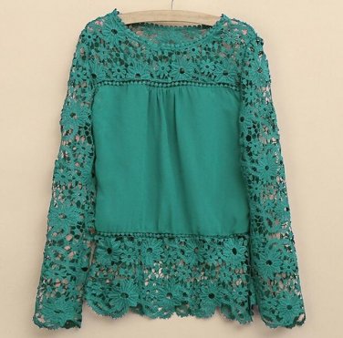 Plus Size 4XL 5XL 2015 new Spring Autumn  women long-sleeved chiffon blouse hollow flower Lace Blous