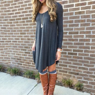 2017 Autumn Casual Style Loose Comfortable Knitting Dress Women Solid Long Sleeve O-Neck Asymmetrica