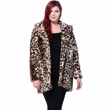 Plus Size Leopard Print Side Pockets Fur Women Fashion Long Sleeve Top Vintage Elegant Warm Coat Out