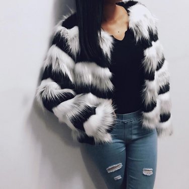 Winter Plus Size Fashion Tops Women Imitation Fur Coat Wave Pattern Patchwork Short Fur Coats Outwea