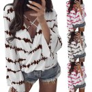 Women Loose Long Sleeve Shirt Stripe Tops Overlapping Chiffon Casual Blouse