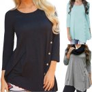 Women Long Sleeve Loose Button Trim Blouse solid color Round Neck Tunic T-Shirt