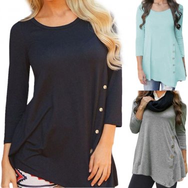 Women Long Sleeve Loose Button Trim Blouse solid color Round Neck Tunic T-Shirt