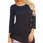 Women Long Sleeve Loose Button Trim Blouse solid color Round Neck Tunic T-Shirt