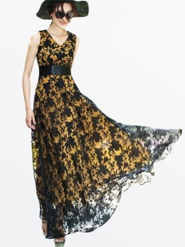 Floral See-Through V-Neck Women\'s Maxi Dress (Plus Size Available)