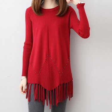 KYMAKUTU Rivet Jumper with Tassel Solid Sueter Mujer 2017 Autumn Winter Sweaters for Women O Neck Pl