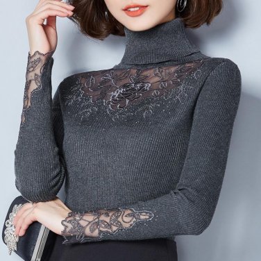 High Quality Women Sweater 2017 Autumn Turtleneck Pullover Winter Tops Lace Patchwork Blouses Sweate