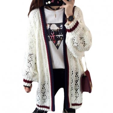 2017 Spring Women Long Sweater Coat Loose Long Sleeve Knitted Cardigans Female Hollow Out Crochet Pl