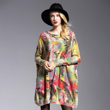 Women\'s Dress Autumn Wool Blend Knitwears Long Sleeves Plus Size Sweater Dresses Feathers Printed O