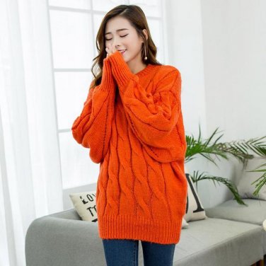 Women Loose Sweaters And Pullovers Autumn Winter Long Lantern Sleeve Orange Pink Blue Solid Color Pu