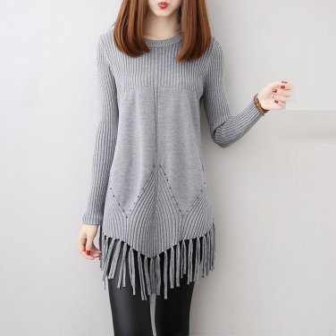 2017 Winter fashion ladies cute pullover Sweater beaded tassels asymmetrical basic sweaters O neck p