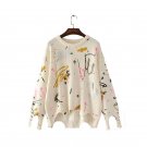 Women Loose Plus Size Irregular Sweaters Pullovers Autumn Winter Beige Print Knitwear Knitted Jumper