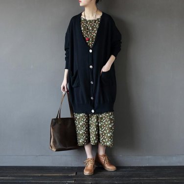 V-neck Cotton Linen Long sleeve Autumn Long Sweater Women Plus size Loose Causal Cardigan  Vintage B
