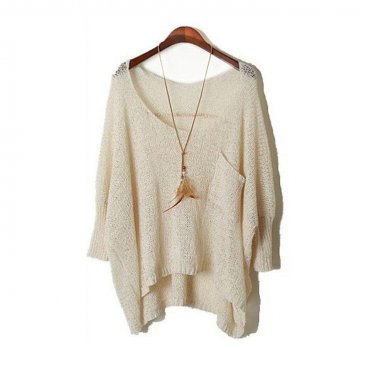 Women\'s Sexy Perspective Hollow Pullover Bat Wing Sleeve Irregular Crewneck Loose Sweater Causal Pl