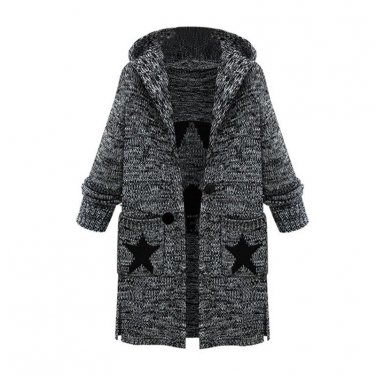 Women Black Knitted Cardigans Sweater Fashion Feamale Plus Size Hooded Outwear Long Sleeve Star Prin