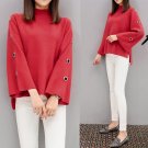 Plus Size 4XL 2017 Autumn New Women Solid Color Hollow Out Pullover Tops Losse Turtleneck Flare Slee