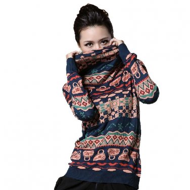 Plus size long sleeve rolled turtleneck geometric print sweaters for women ladies oversized high nec