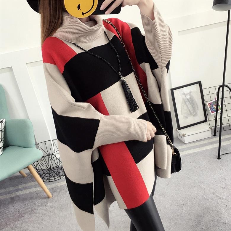 New Winter Poncho Femme Plus Size Long Striped Contrast Color Sweater Female Batwing Sleeves Turtlen