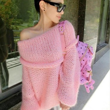 Plus Size Sexy Women Sweater Slash Neck Off Shoulder Loose Long Sleeve Pink Loose Women Knitted Swea