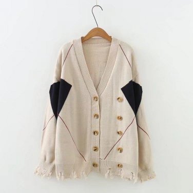 Autumn Cardigans Women Plus Size V-neck Casual Double Breasted Sweaters KKFY61