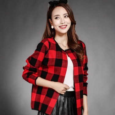 new long sleeve knitted cardigan plaid loose sweater coat plus size