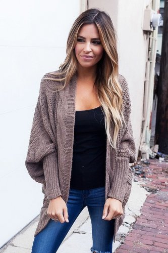 Hand Knitted Elegant Full Sleeve Long Sweater Open Front Ribbed Cuffs Dolman Cardigan Women Winter C