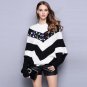 Fashion White And Black Striped Sweater Winter Women Batwing Sleeve Sequin Glitter Pullovers Plus Si