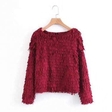 Vintage Solid Wine Red O-Neck Tassel Women Sweater Autumn Winter Pullover Plus Size Long Sleeve Loos