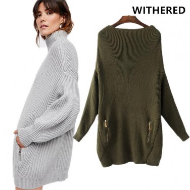 Withered 2017 new autumn season long sweater women vintage zipper batwing sleeved knitwear women swe