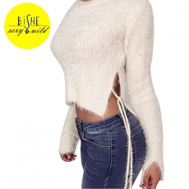 BiSHE 2017 Autumn Women Sweaters and Pullovers Short Solid Lace Up Plus Size Sweater Female Jumper C