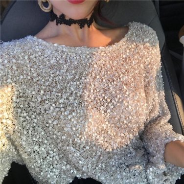 2017 women\'s autumn o neck pullover sequins solid long sleeve plus size loose knit sweater lady\'s 