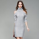 Plus Size Turtleneck Knitting Dress Sweater Women Cold Shoulder Long Pullover Knitwear Women\'s Swea