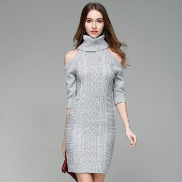 Plus Size Turtleneck Knitting Dress Sweater Women Cold Shoulder Long Pullover Knitwear Women\'s Swea