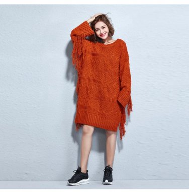 Plus Size Dresses Women Sweater Winter Oversized Thick Autumn Loose Solid Tassel Female Clothing Kni