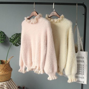 Winter Pink Soft Faux Mink Cashmere Hairy Fungus Collar Patchwork Knit Sweater Warm Oversized Female