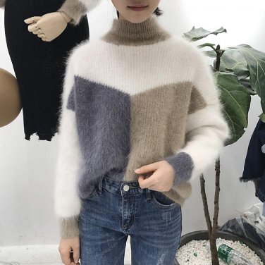 Thick Warm Turtleneck Patchwork Hairy Sweater Women Autumn Winter Tricot Jumper Fluffy Soft Sweater 