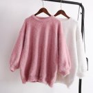 Women Hairy Pure Color O Neck Oversized Crocheted Pullovers Lantern Sleeve Female Knitted Sweater Kn