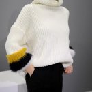 Sweet Warm Turtleneck Character Hairy Colorful Splicing Lantern Sleeve Knitwear Winter Women Leisure