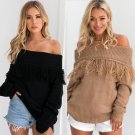 Women Off Shoulder Sweaters Autumn Pullovers Slash Neck Tassels Loose Plus Size Sweater Long Sleeved