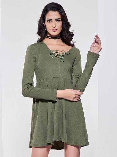 Plain V-Neck Sweater Lace Up A-Line Women\'s Long Sleeve Dress