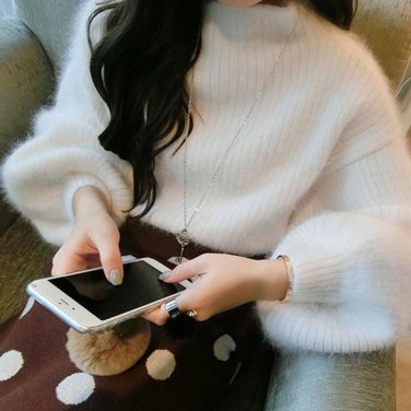 Women\'s Elegant Half Turtleneck Hairy Crocheted Winter Long Lantern Sleeve Sweater Pure Color Femal