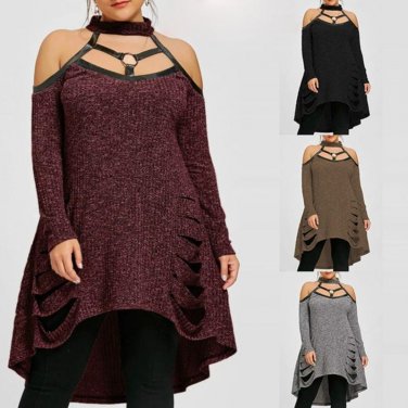 Split Sexy Plus Size Open Shoulder Ripped Women\'s Fashion Tunic Top Sweater Dress Size Plus S to 5X