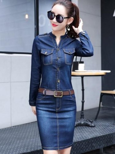 Long Sleeve Denim Sheath Dress