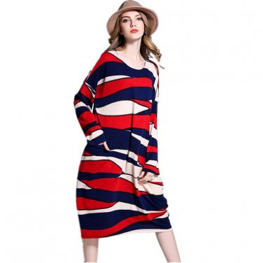 Plus Size Striped Sweater Dress 2017 Autumn High Quality Runway Dress Full Sleeve O-Neck Loose Knitt