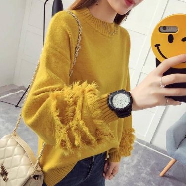 Winter Warm Character Hairy Tassel Splicing Lantern Sleeve Knitted Oversized Yellow Sweater Female w
