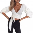 Fashion Puff Sleeve Blouse 2017 Women Ladies V Neck Knitted Short Sweater With a Slash Long Sleeve C