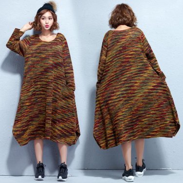 Vintage Plus Size Long Sleeve Winter Dress Women 2017 Casual Oversized Sweater T Shirt Dresses Pocke