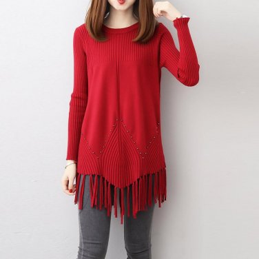 Plus Size Knitwear Tops Tassels Long Sleeve Slim Solid Beading Knitting Blouses Winter Sweater Tops 